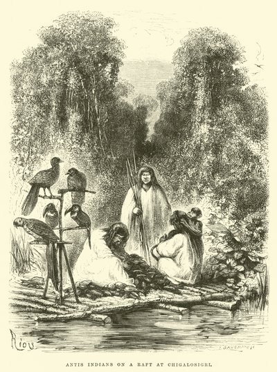 Antis Indians on a raft at Chigalosigri by Edouard Riou